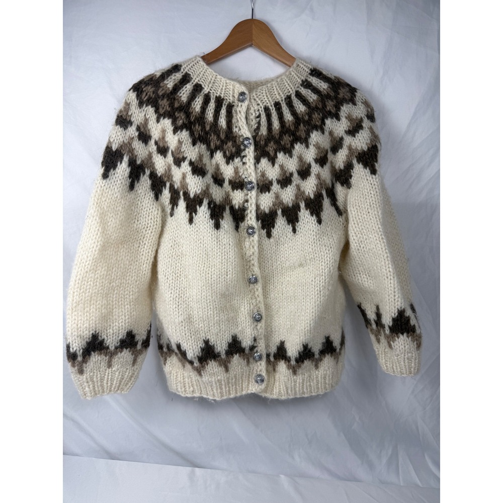 Hilda Ltd Small Icelandic Wool Cardigan Sweater Cream Fair Isle Nordic Vintage